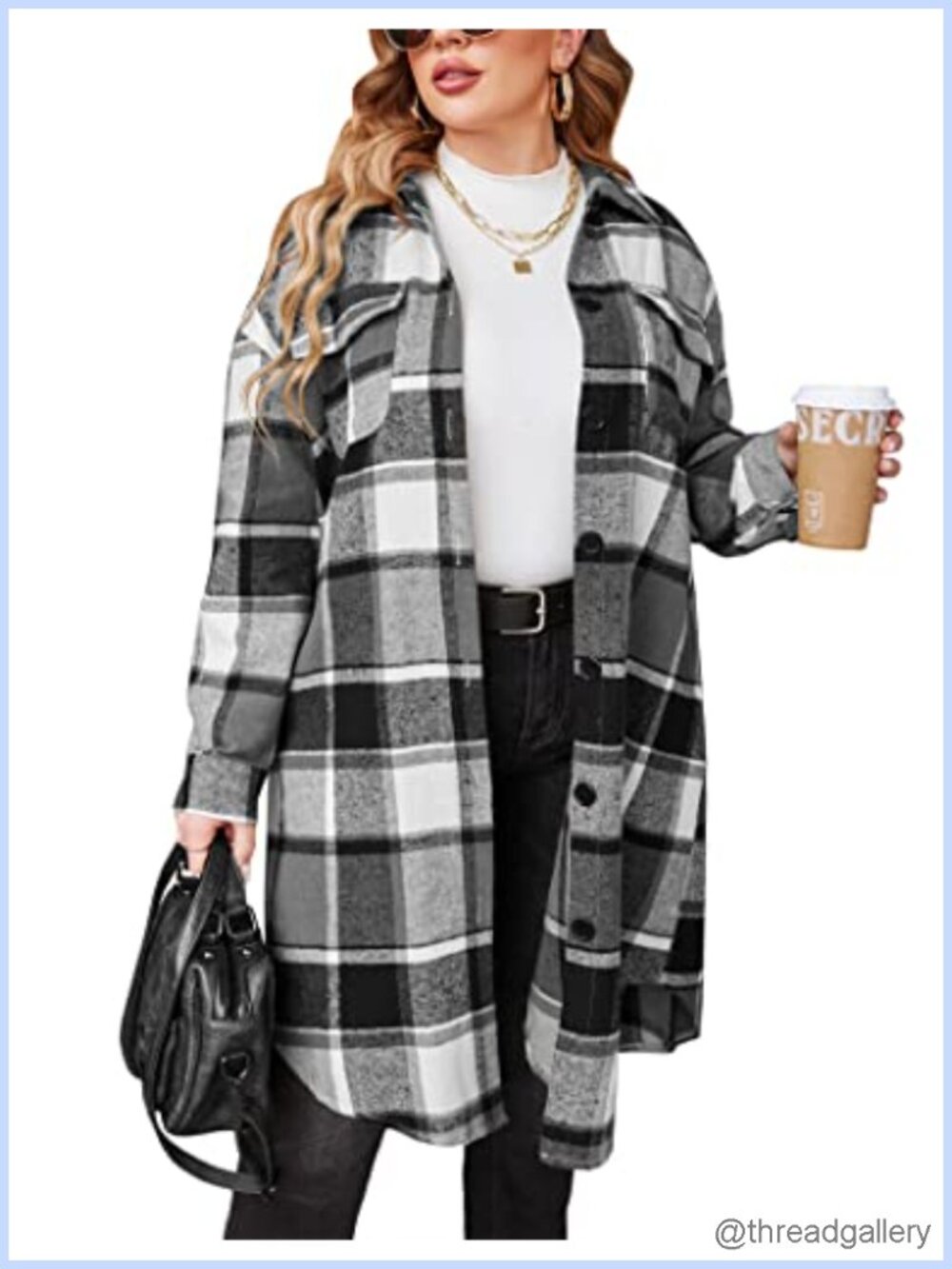 Plus Size Flannel Plaid Shacket Long Sleeve Button Down Oversized Midi Shirt